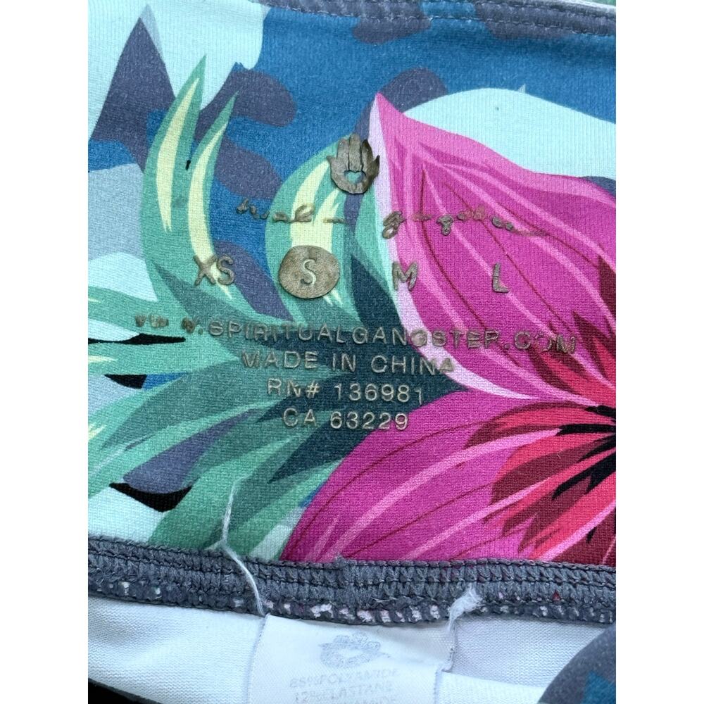 SPIRITUAL GANGSTER vibrant floral hibiscus pink green athletic tight leggings - Picture 5 of 6